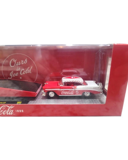 More Than Diecast 1:64 scale 1956 Chevrolet Bel Air in red and white Coca-Cola livery inside display packaging