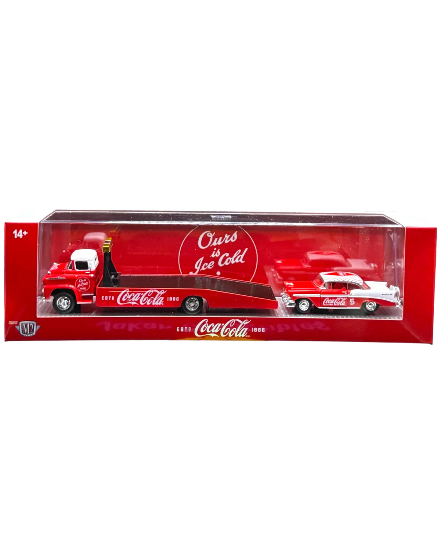 More Than Diecast M2 Machines 1:64 scale Coca-Cola set featuring a 1958 Chevy Spartan LCF hauler and 1956 Bel Air.