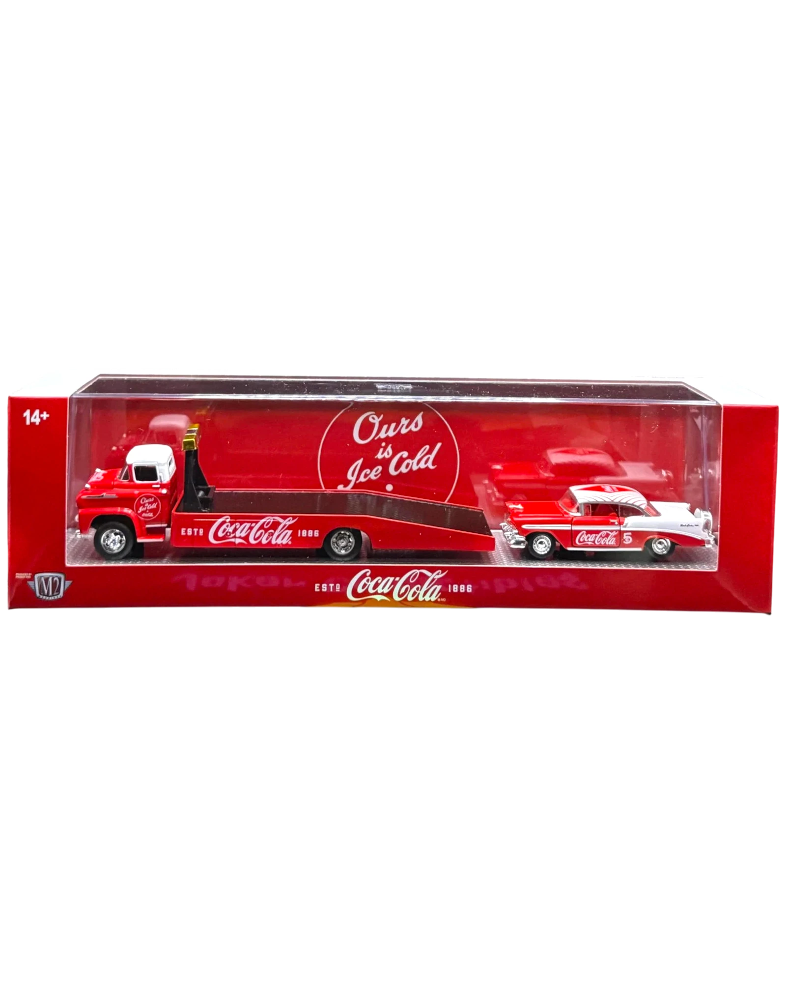 More Than Diecast M2 Machines 1:64 scale Coca-Cola set featuring a 1958 Chevy Spartan LCF hauler and 1956 Bel Air.