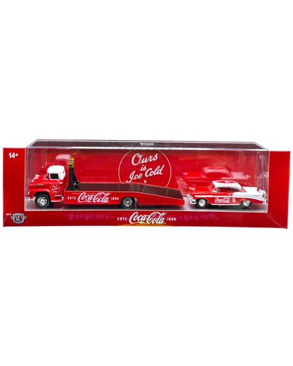 More Than Diecast M2 Machines 1:64 scale Coca-Cola set featuring a 1958 Chevy Spartan LCF hauler and 1956 Bel Air.
