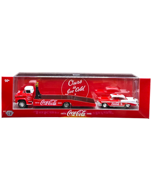 More Than Diecast M2 Machines 1:64 scale Coca-Cola set featuring a 1958 Chevy Spartan LCF hauler and 1956 Bel Air.