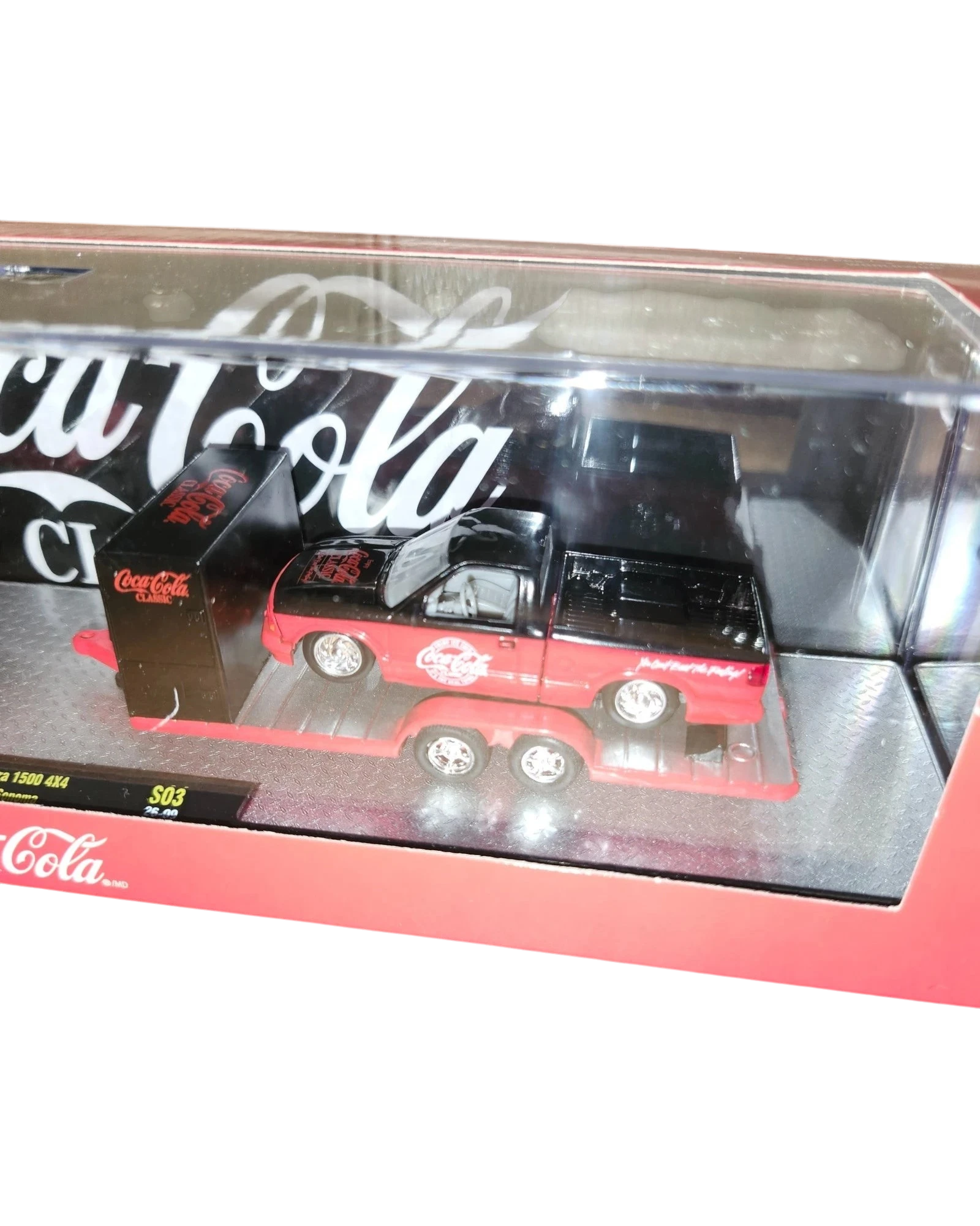 More Than Diecast M2 Machines Coca-Cola 1998 GMC Sierra 1500 4X4 truck on a trailer in display packaging