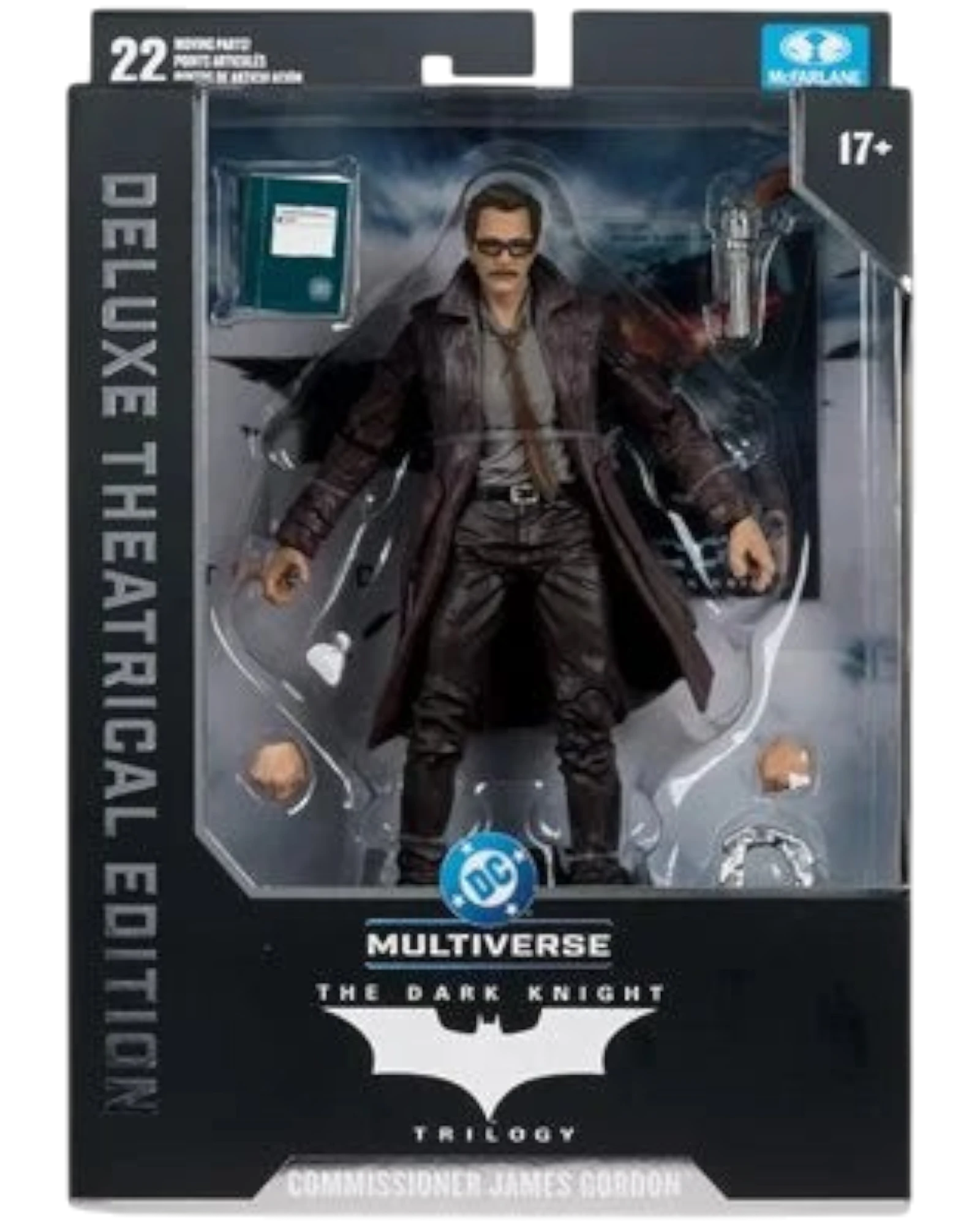 More Than Diecast McFarlane DC Multiverse Commissioner Gordon figure in The Dark Knight Deluxe Theatrical Edition box
