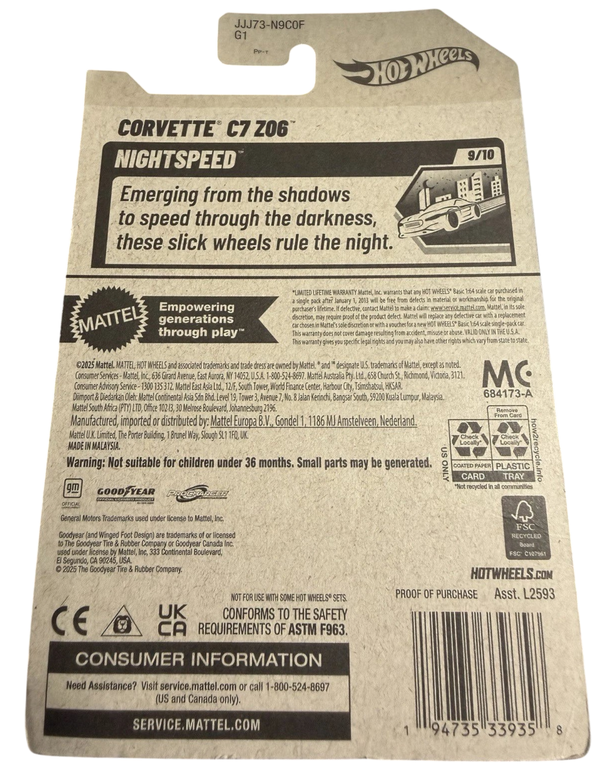 More Than Diecast Hot Wheels 2026 Corvette C7 Z06 Nightspeed series packaging back view with product information
