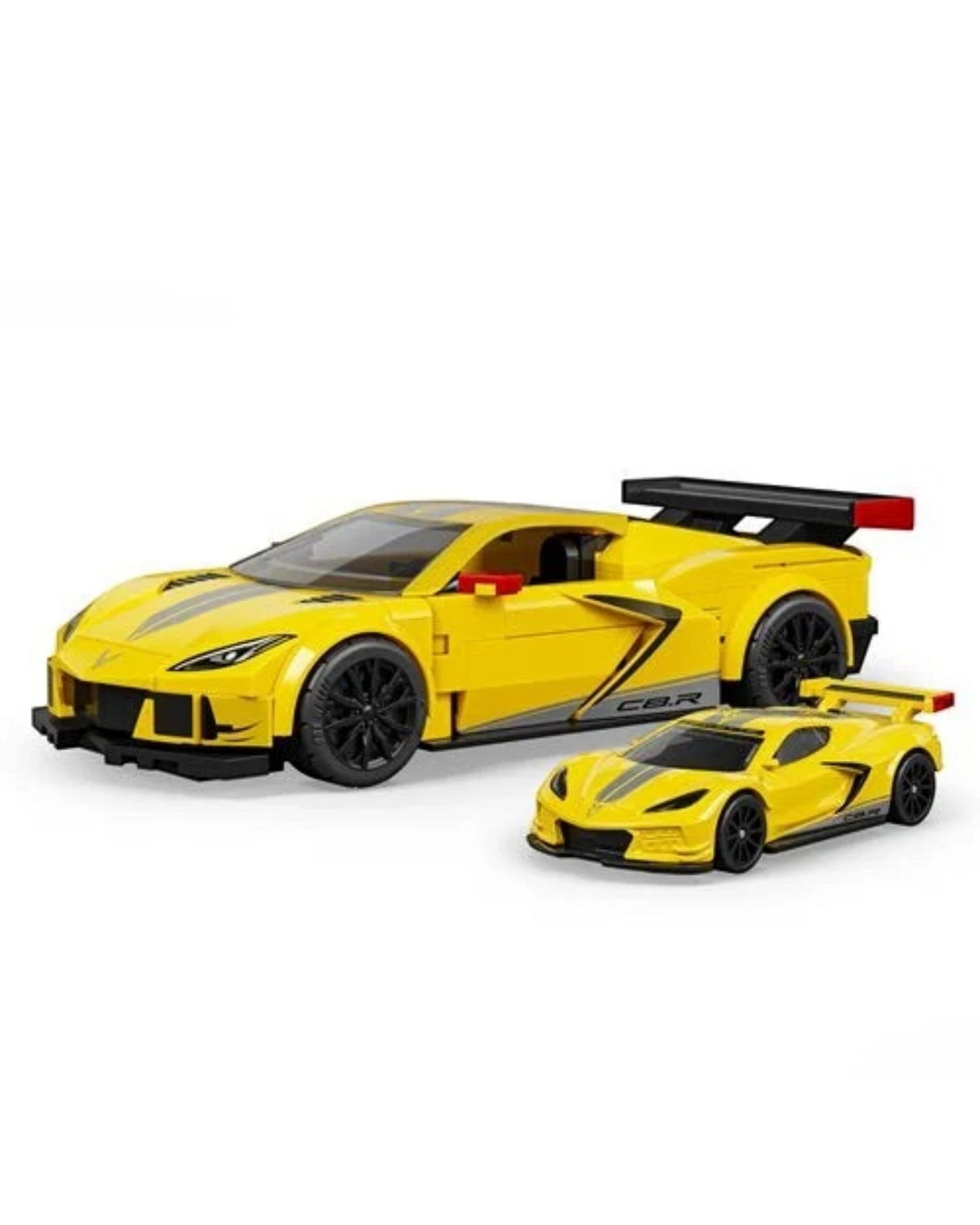 More Than Diecast Hot Wheels 2020 Corvette C8.R brick building set and matching die-cast model car in yellow.