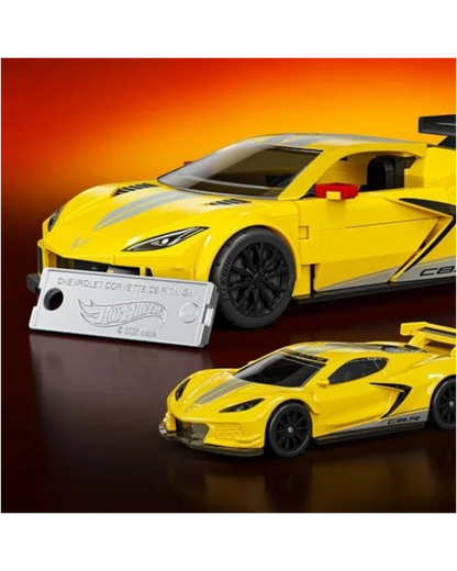More Than Diecast 2020 Corvette C8.R brick building set with die-cast car and metal signature plate on orange background