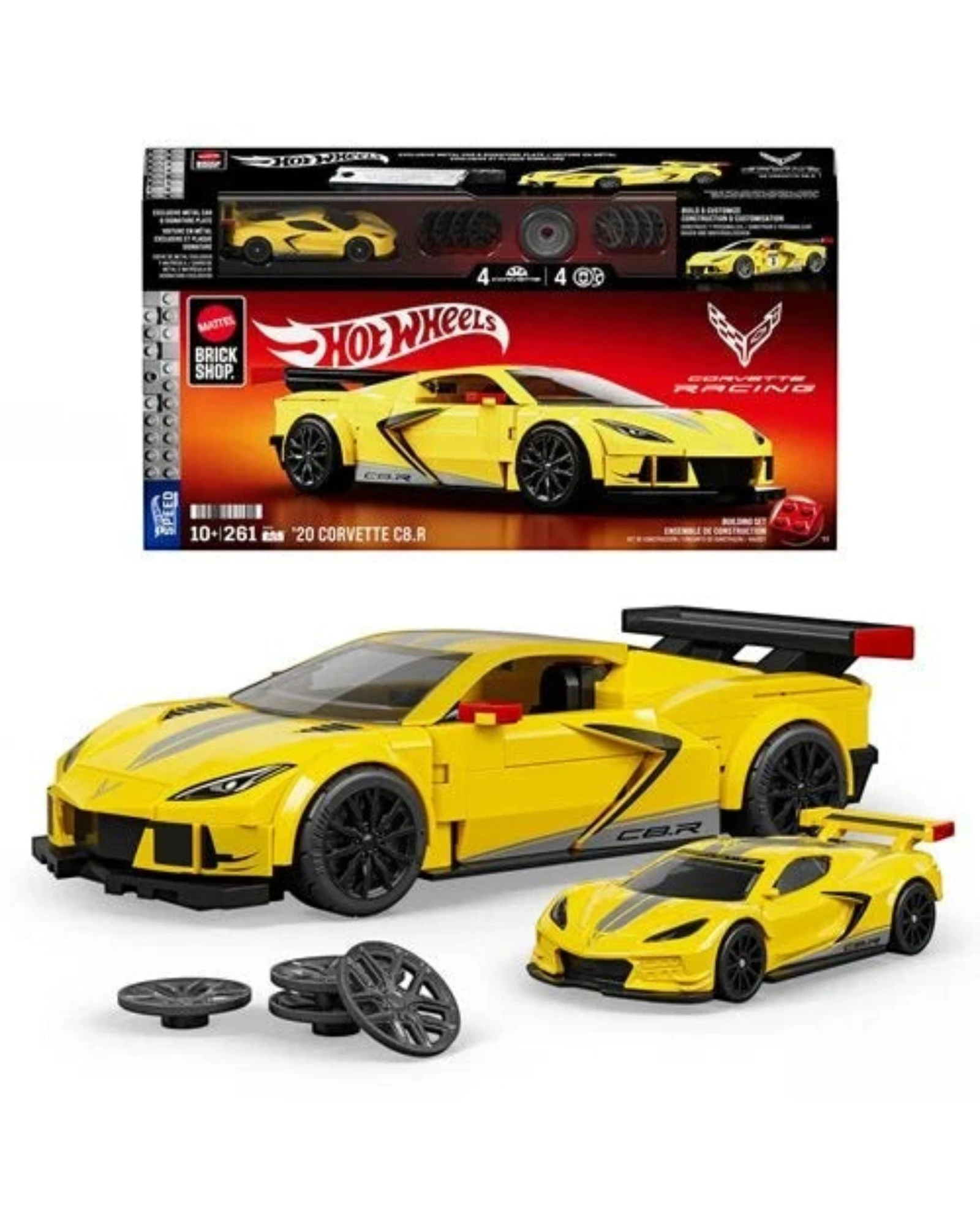 More Than Diecast Hot Wheels 2020 Corvette C8.R brick building set with die-cast car and interchangeable wheel covers