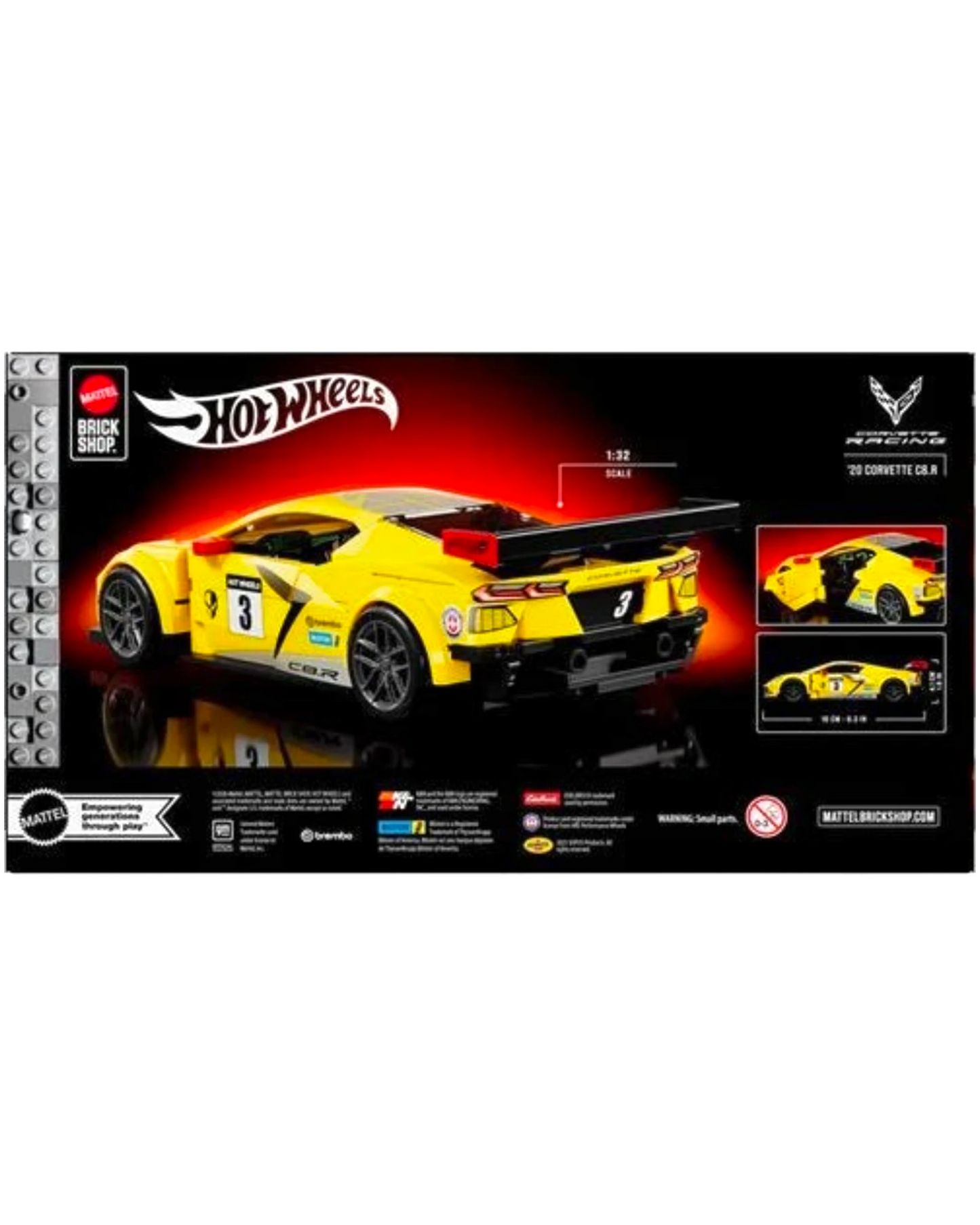 More Than Diecast Hot Wheels Brick Shop 2020 Corvette C8.R building set box featuring a yellow race car model
