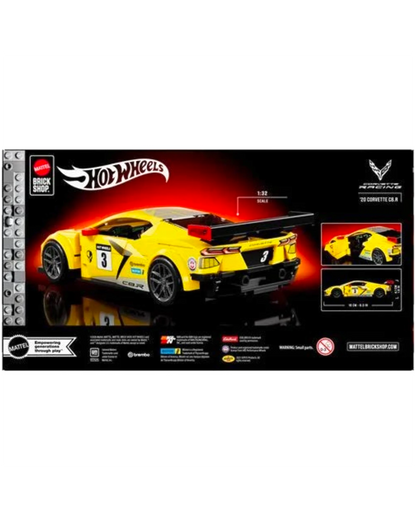More Than Diecast Hot Wheels Brick Shop 2020 Corvette C8.R building set box featuring a yellow race car model