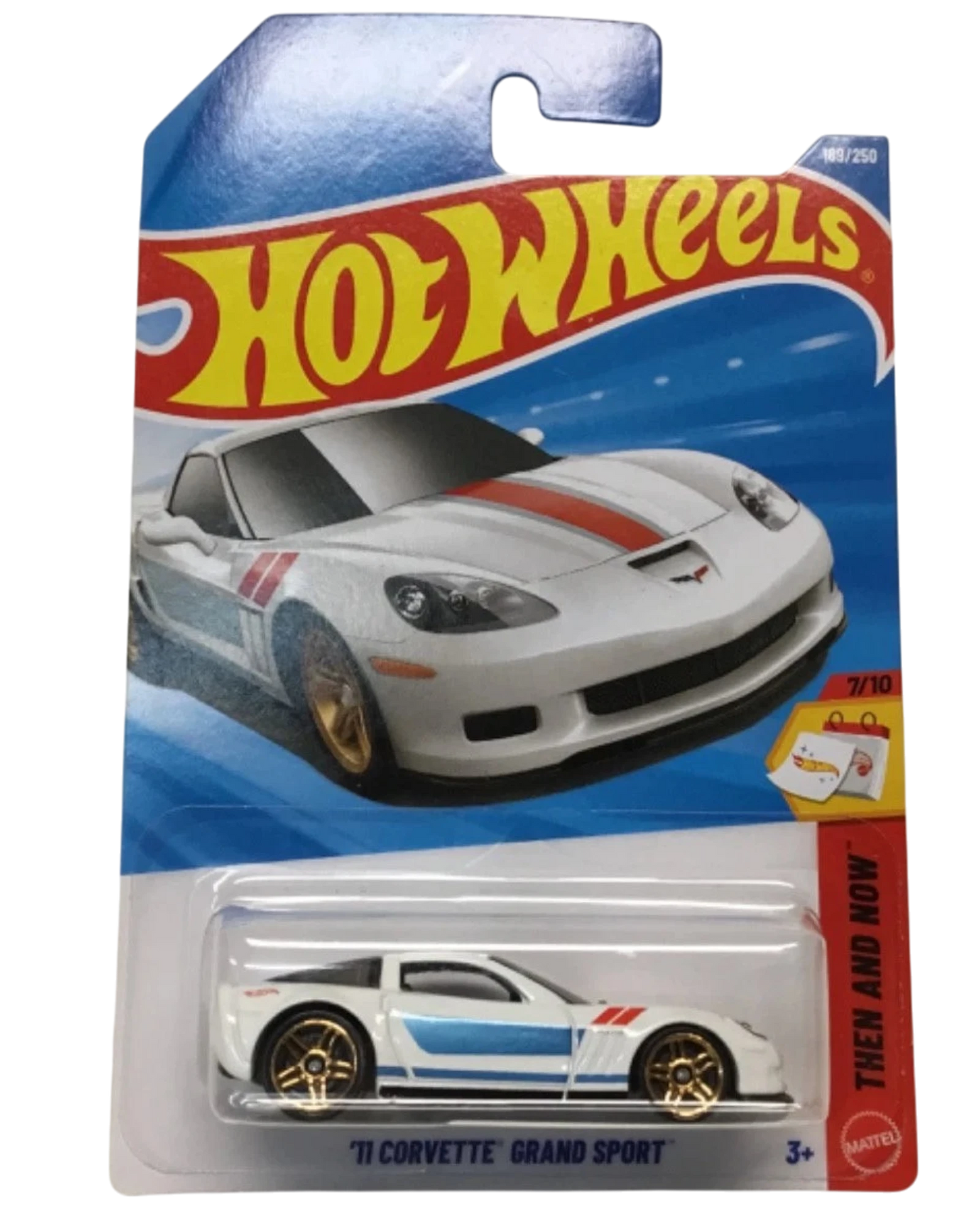 More Than Diecast Hot Wheels 2011 Corvette Grand Sport white diecast car with red and blue stripes in original packaging
