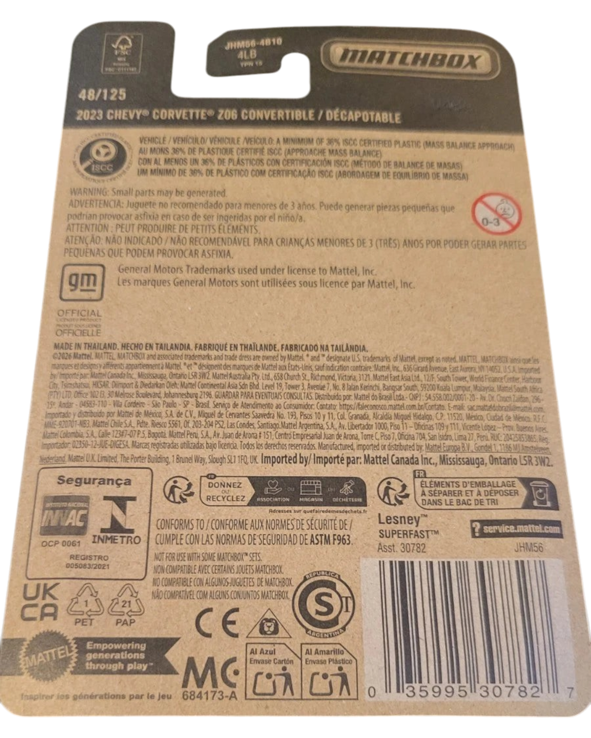 Back of More Than Diecast Matchbox 2026 2023 Chevy Corvette Z06 Convertible packaging with product information