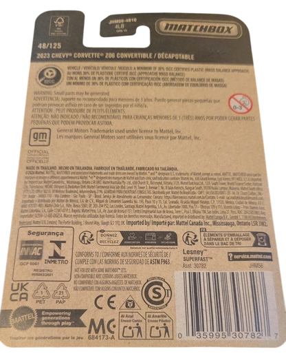 Back of More Than Diecast Matchbox 2026 2023 Chevy Corvette Z06 Convertible packaging with product information