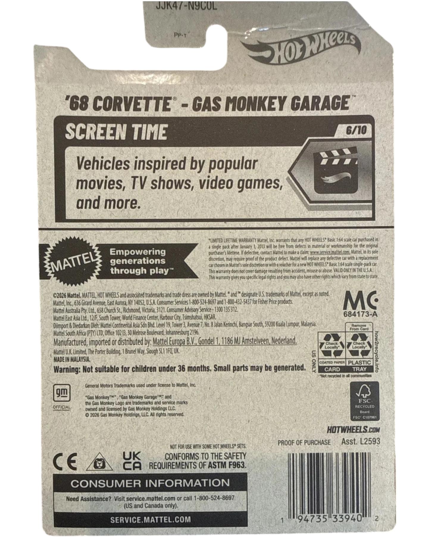 Back of More Than Diecast Hot Wheels 68 Corvette Gas Monkey Garage packaging showing product details and barcode