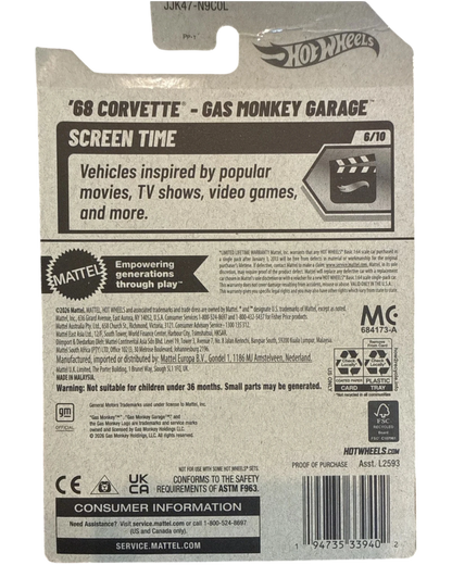 Back of More Than Diecast Hot Wheels 68 Corvette Gas Monkey Garage packaging showing product details and barcode