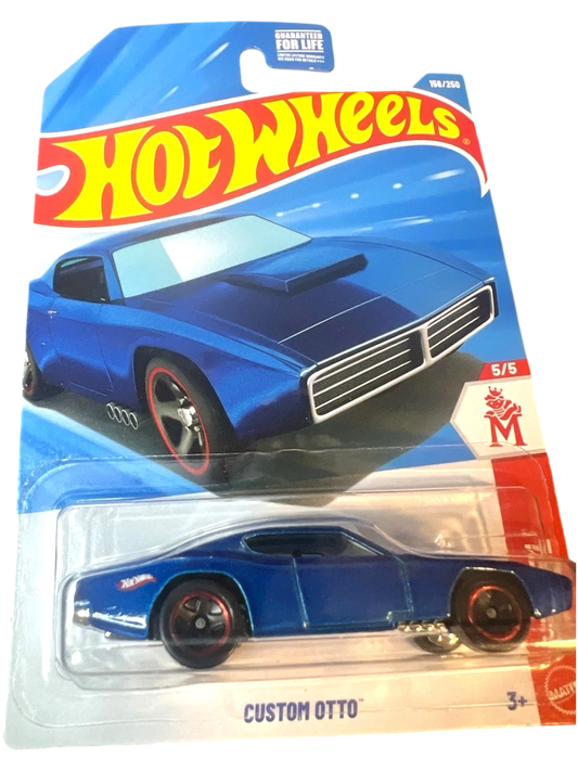 More Than Diecast Custom Otto blue die-cast toy car with red rim accents on a Hot Wheels card.