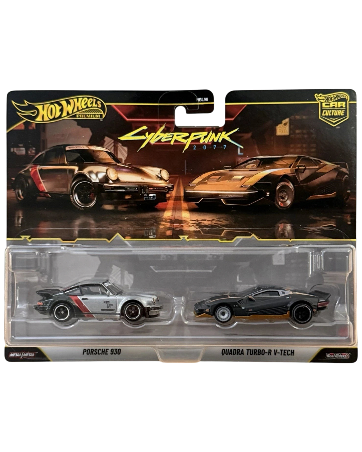 More Than Diecast Hot Wheels Premium Cyberpunk 2077 2-pack featuring a silver Porsche 930 and black Quadra Turbo-R V-Tech