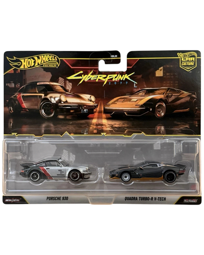 More Than Diecast Hot Wheels Premium Cyberpunk 2077 2-pack featuring a silver Porsche 930 and black Quadra Turbo-R V-Tech