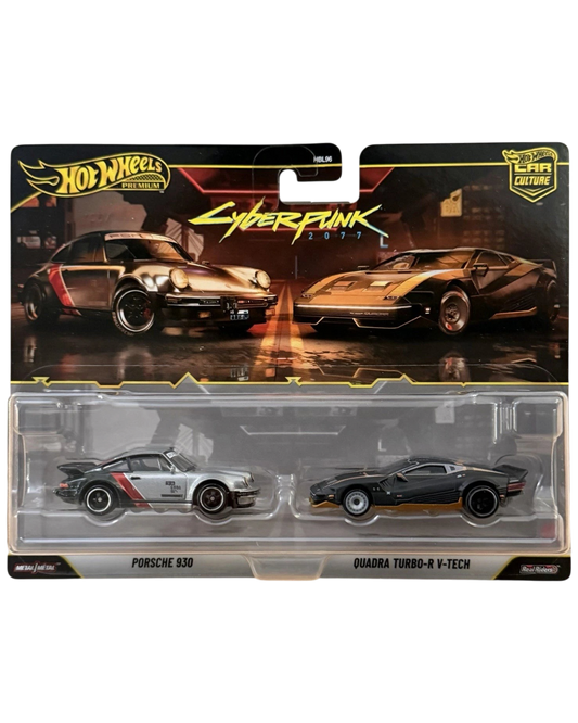 More Than Diecast Hot Wheels Premium Cyberpunk 2077 2-pack featuring a silver Porsche 930 and black Quadra Turbo-R V-Tech