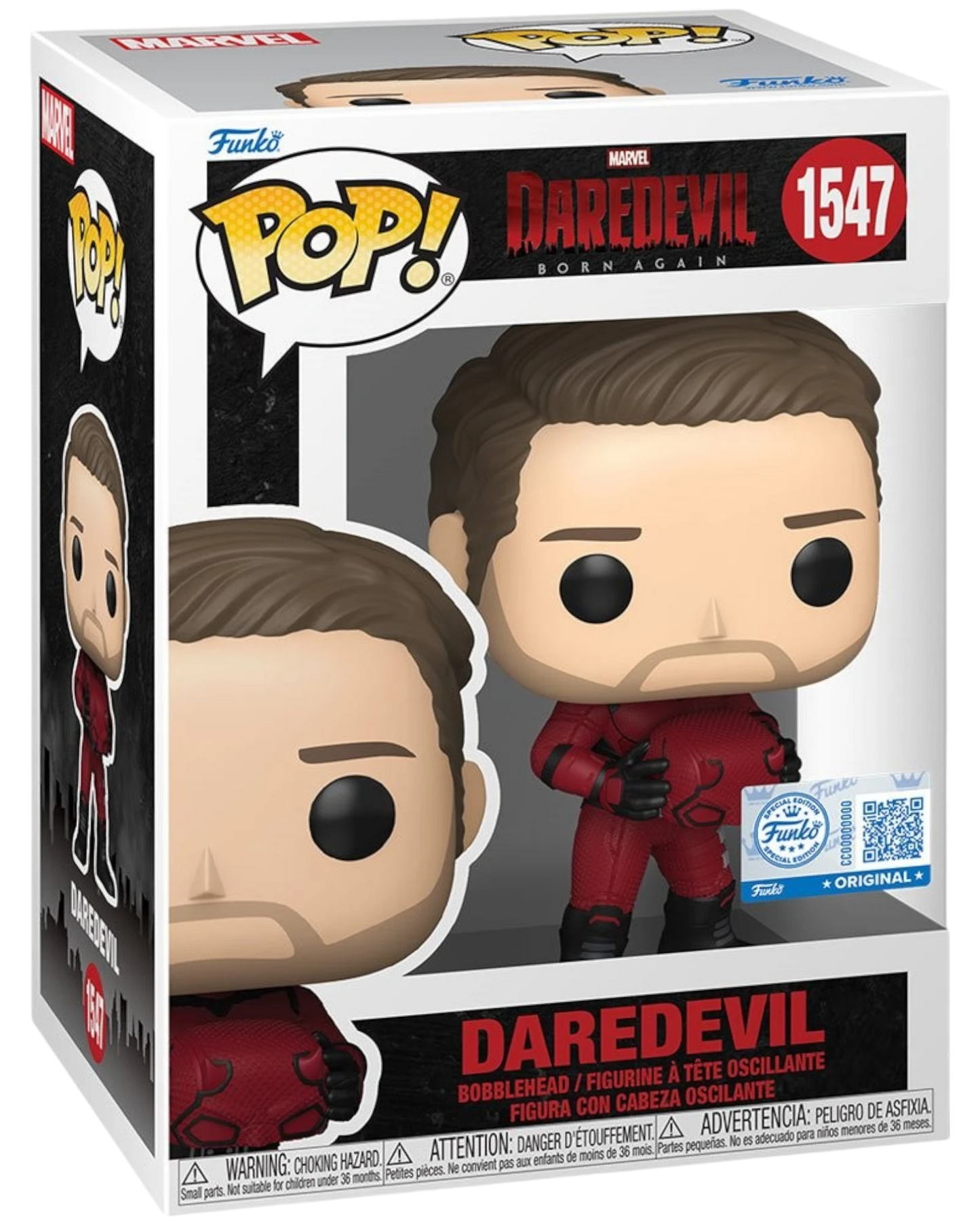 More Than Diecast Daredevil: Born Again Unmasked Funko Pop! Vinyl Figure #1547. Red and black suit, unmasked face, window box packaging.