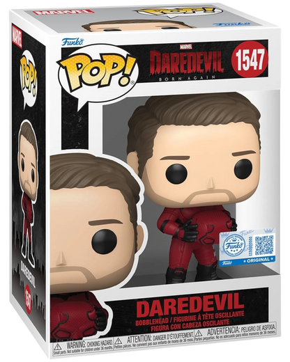 More Than Diecast Daredevil: Born Again Unmasked Funko Pop! Vinyl Figure #1547. Red and black suit, unmasked face, window box packaging.