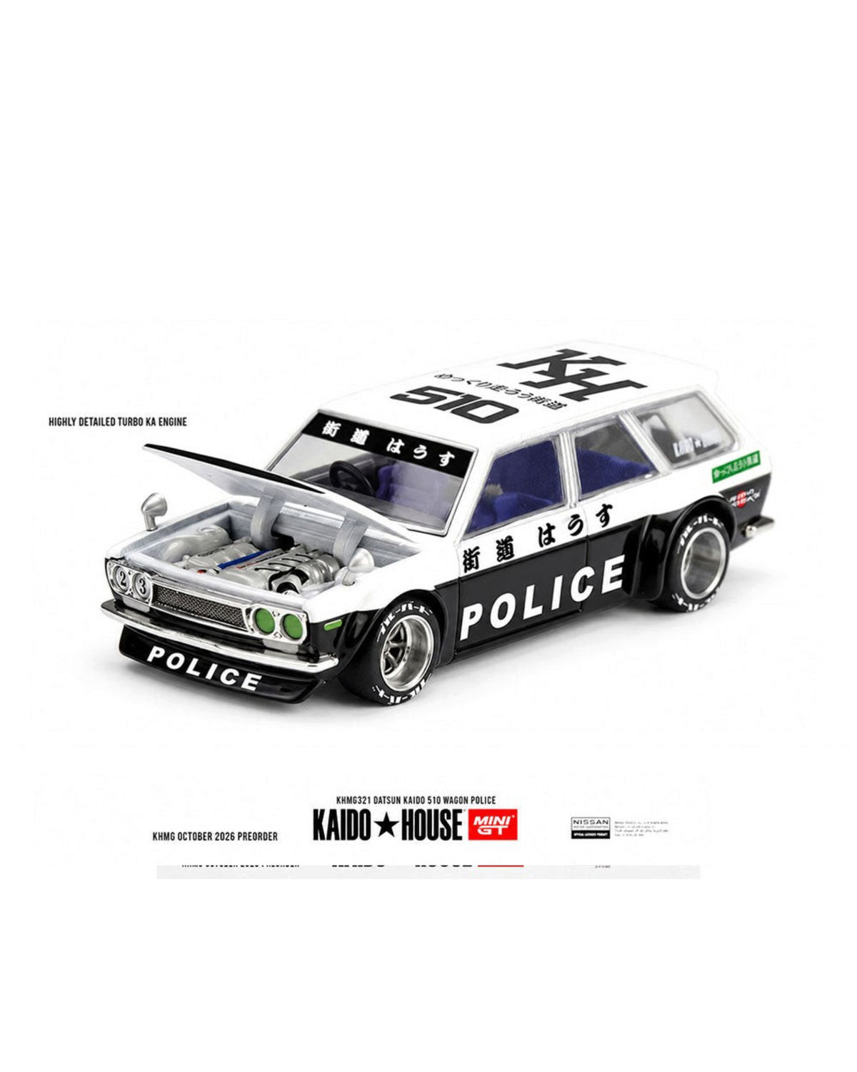 More Than Diecast Kaido House x Mini GT Datsun 510 Wagon police car in black and white with detailed engine bay