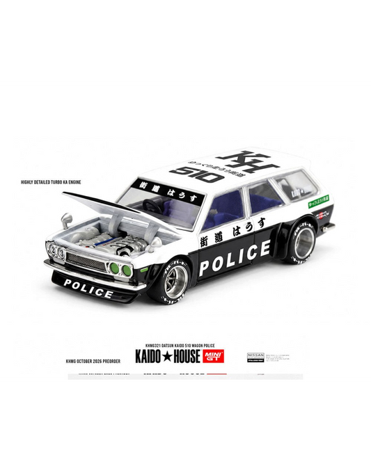 More Than Diecast Kaido House x Mini GT Datsun 510 Wagon police car in black and white with detailed engine bay