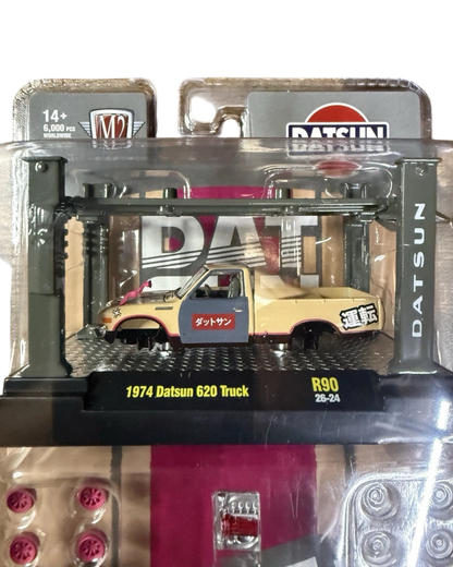 More Than Diecast 1:64 scale 1974 Datsun 620 pickup truck model kit in beige and blue with Japanese text decals