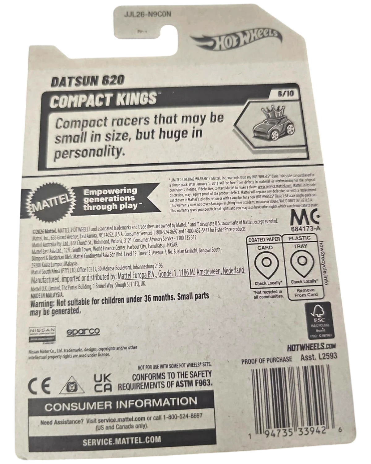 More Than Diecast Hot Wheels 2026 Datsun 620 purple 1:64 scale die-cast truck packaging back view