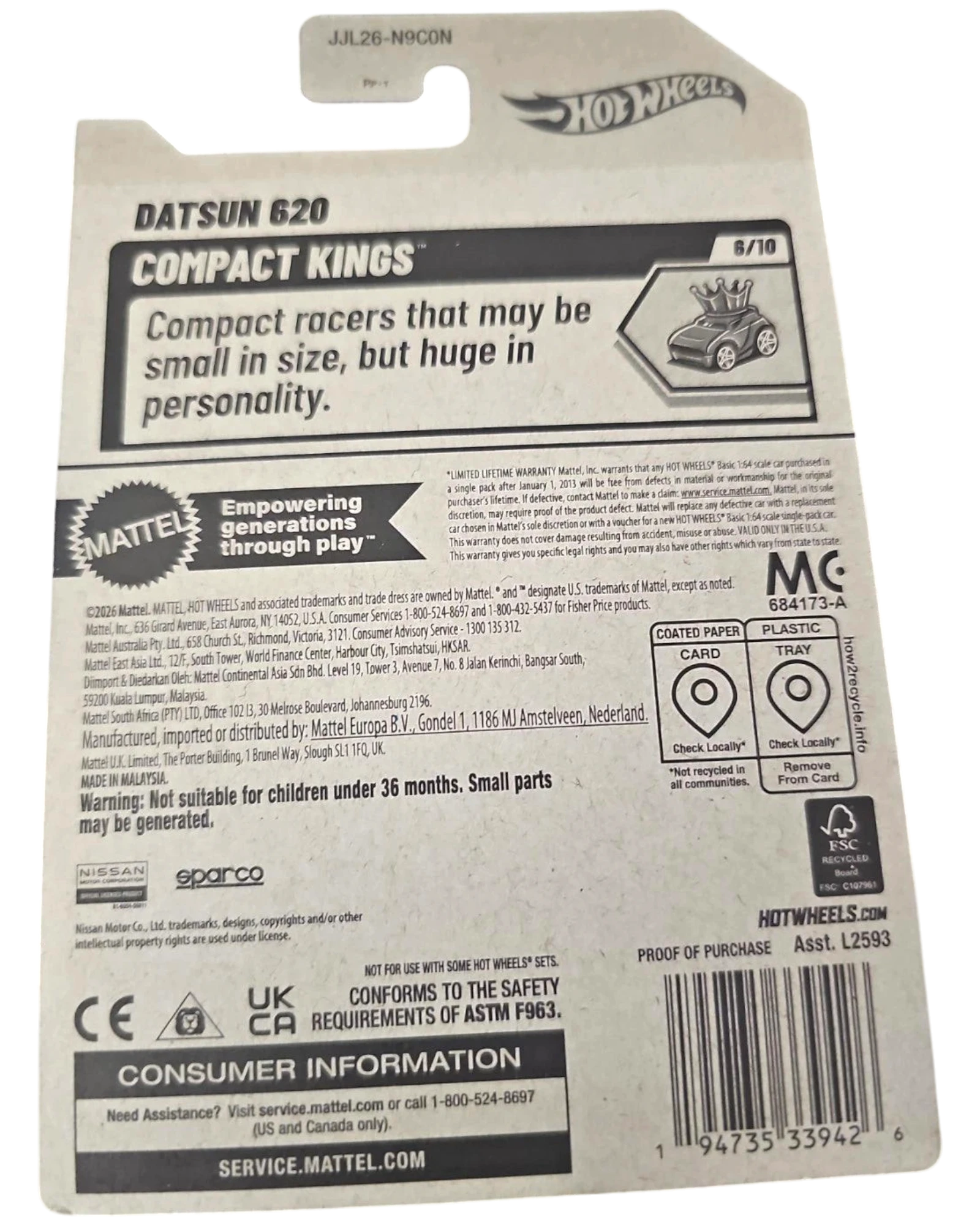 More Than Diecast Hot Wheels 2026 Datsun 620 purple 1:64 scale die-cast truck packaging back view