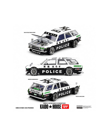 More Than Diecast Kaido House x Mini GT Datsun 510 Wagon Police model in black and white with detailed engine bay