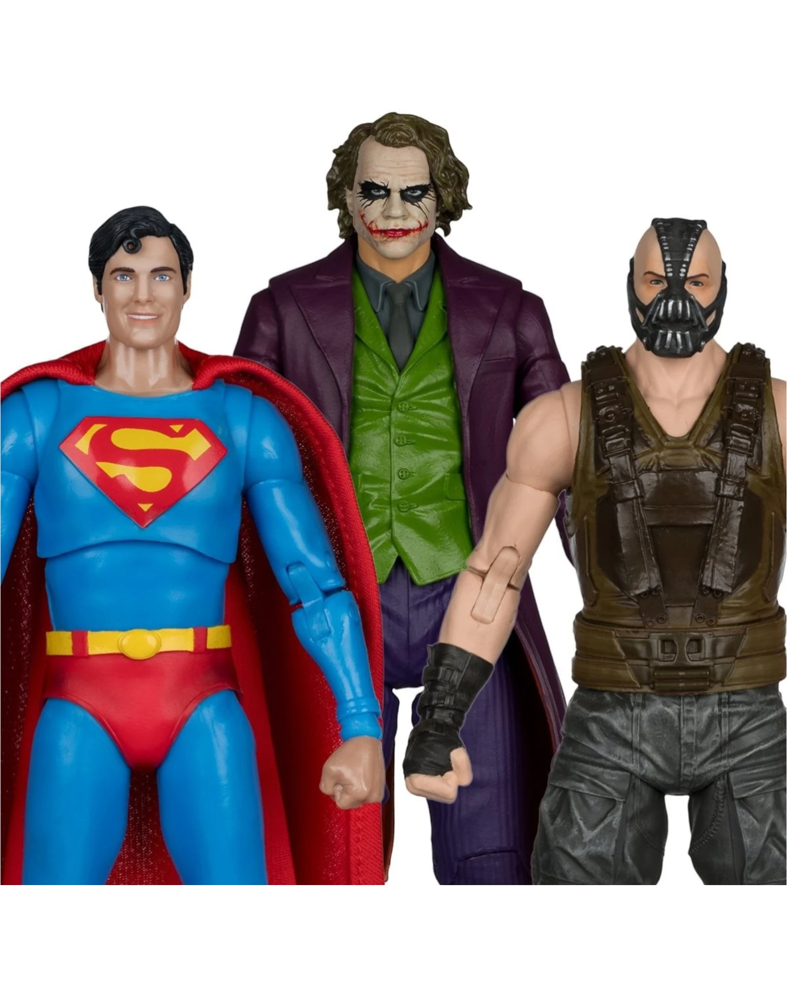 More Than Diecast DC Multiverse 7-inch action figure set featuring Superman, Joker, and Bane theatrical characters.