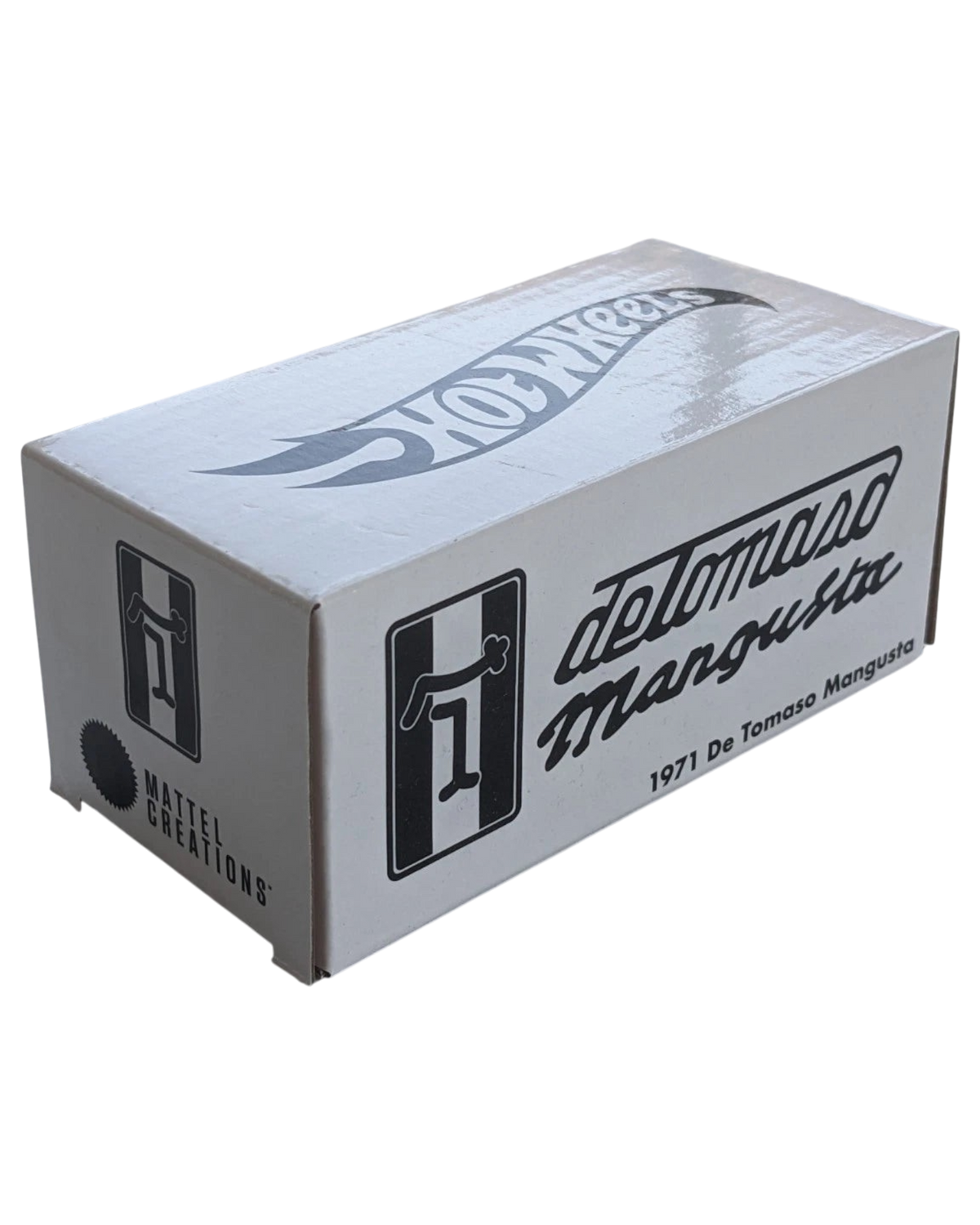 More Than Diecast Hot Wheels 1971 De Tomaso Mangusta collector box with white packaging and black branding details.