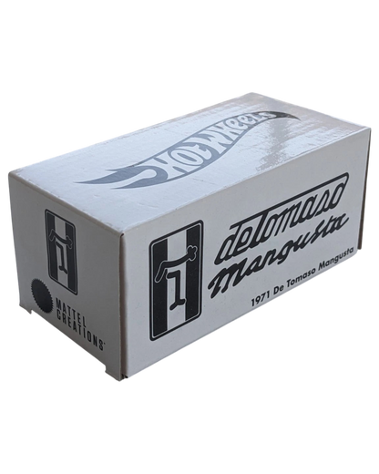 More Than Diecast Hot Wheels 1971 De Tomaso Mangusta collector box with white packaging and black branding details.