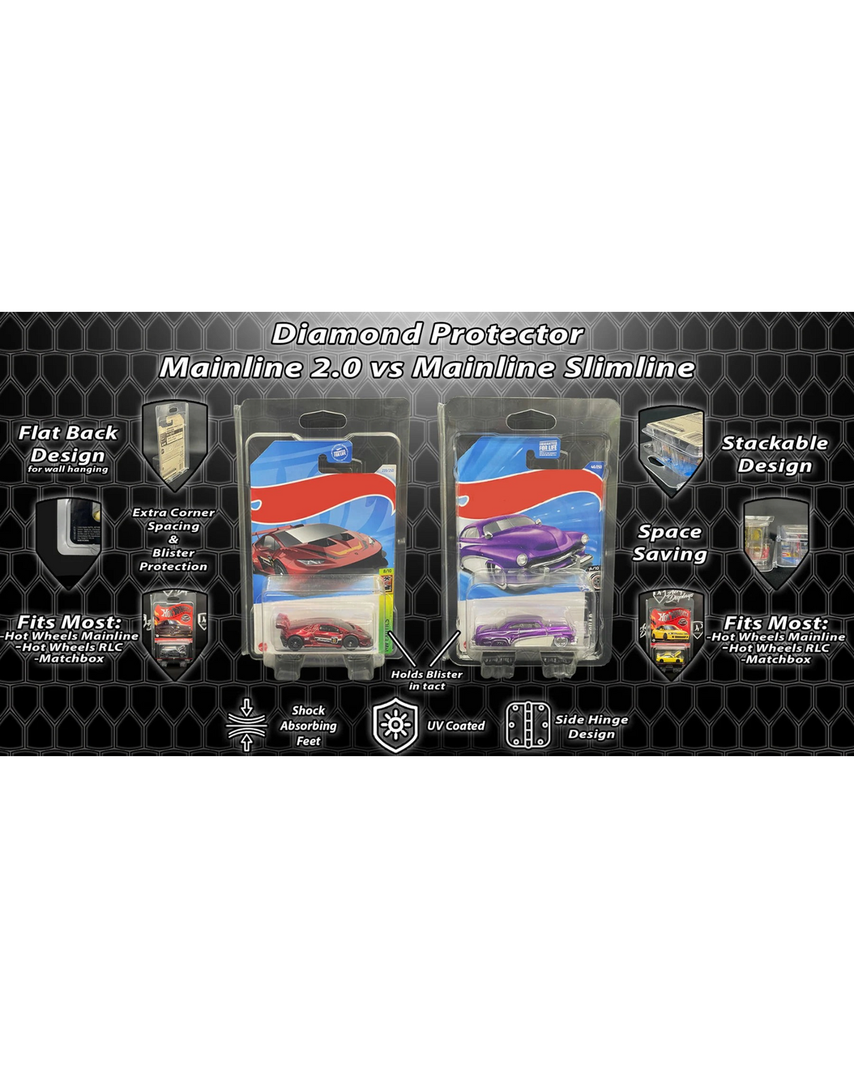 More Than Diecast Diamond Protector 2.0 clear PVC display cases for Hot Wheels and Matchbox carded toy cars