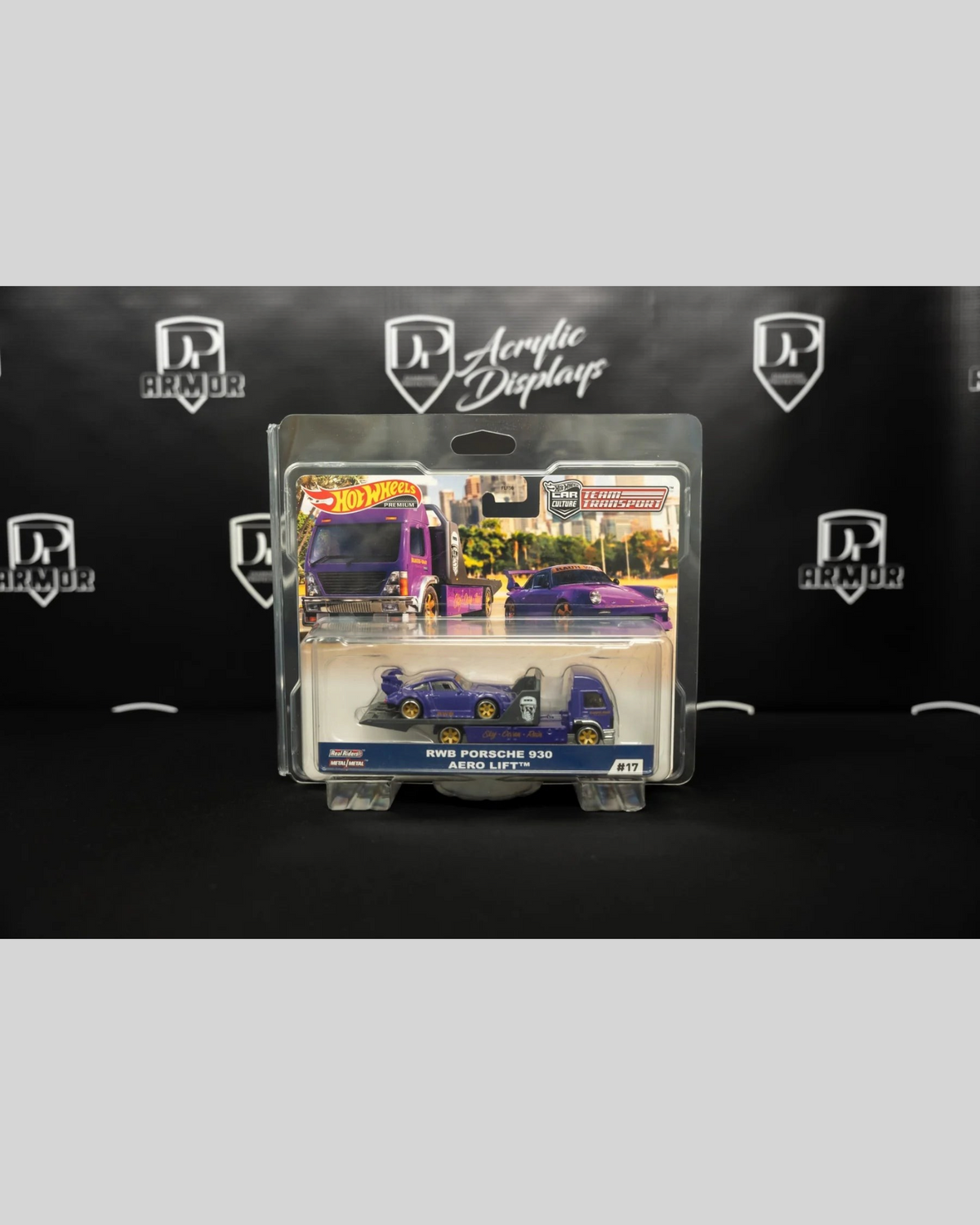 More Than Diecast clear PVC Diamond Protector case holding a Hot Wheels Team Transport RWB Porsche 930 Aero Lift set