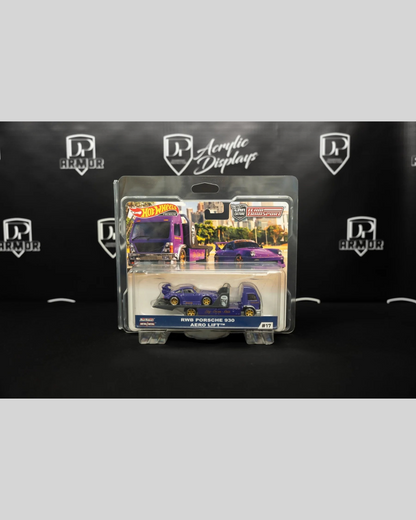 More Than Diecast clear PVC Diamond Protector case holding a Hot Wheels Team Transport RWB Porsche 930 Aero Lift set