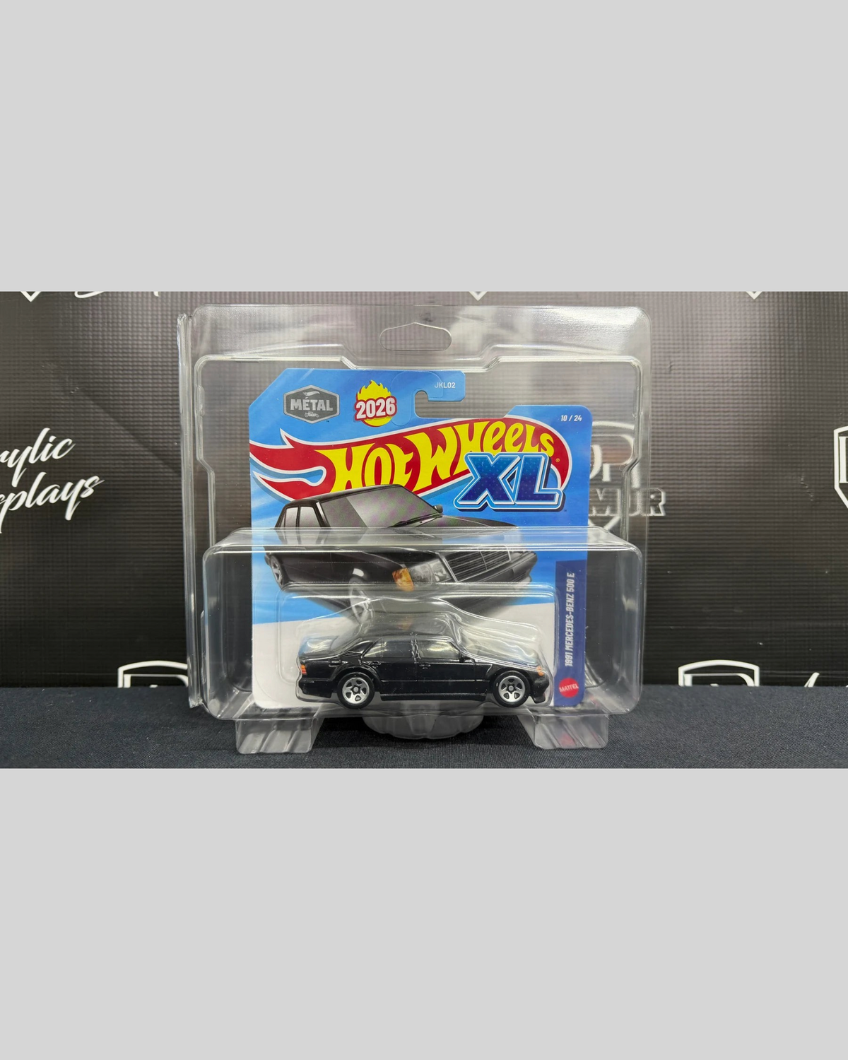 More Than Diecast clear PVC Diamond Protector case holding a Hot Wheels XL 1991 Mercedes-Benz 500 E diecast car