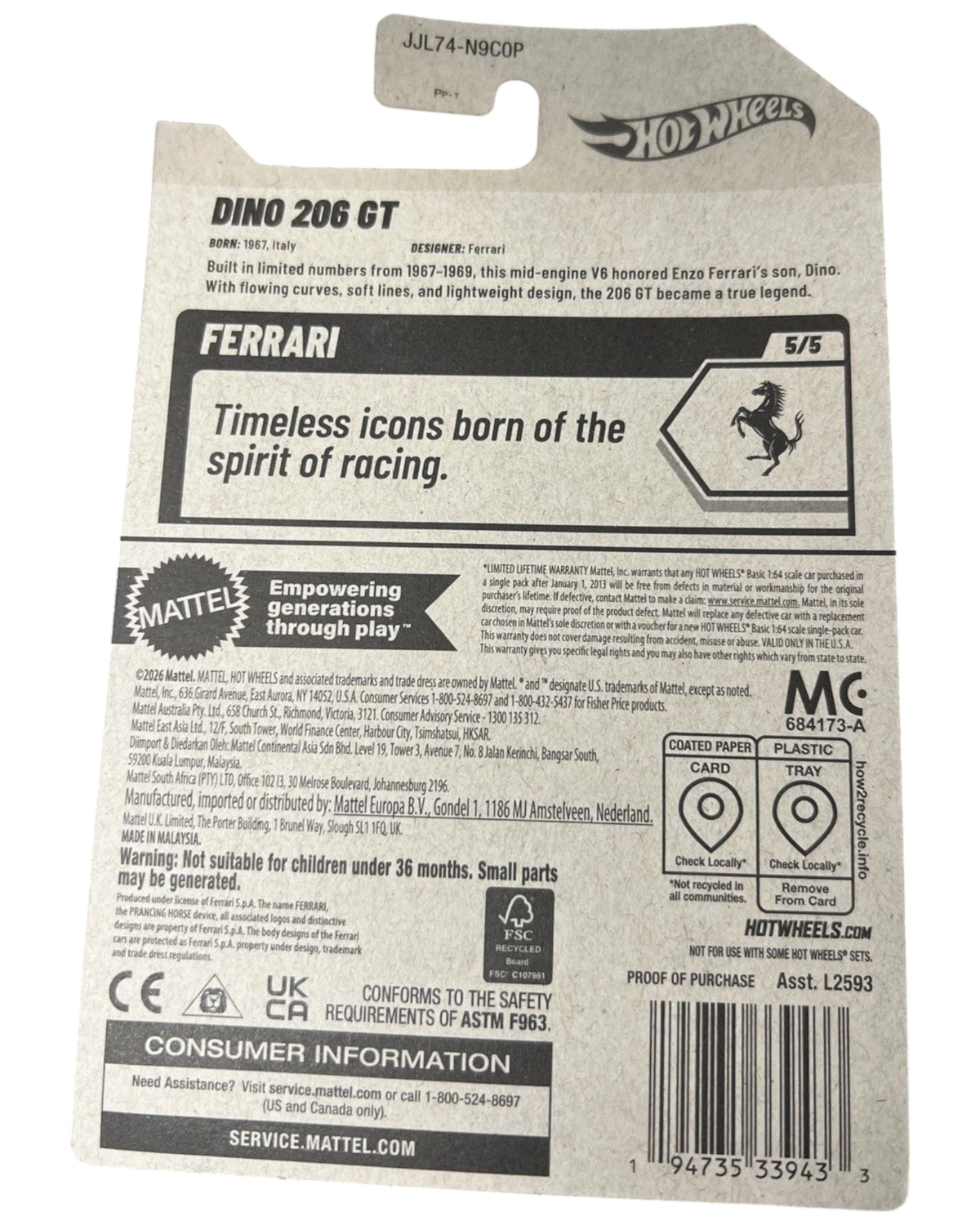 Back of More Than Diecast Hot Wheels Dino 206 GT packaging featuring Ferrari branding and product information