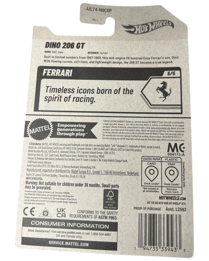 Back of More Than Diecast Hot Wheels Dino 206 GT packaging featuring Ferrari branding and product information