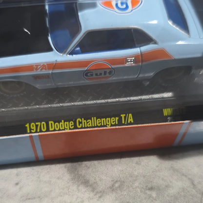 More Than Diecast 1:64 scale 1970 Dodge Challenger T/A in light blue and orange Gulf Oil racing livery