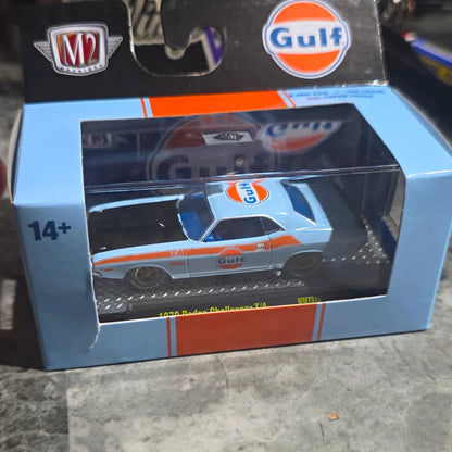 More Than Diecast 1:64 scale 1970 Dodge Challenger T/A in Gulf Oil light blue and orange livery inside display box