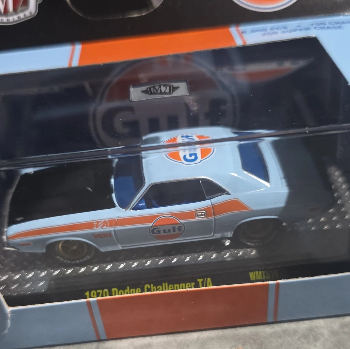 More Than Diecast 1:64 scale 1970 Dodge Challenger T/A in light blue and orange Gulf Oil racing livery