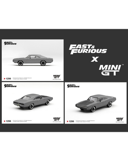 More Than Diecast Mini GT 1:64 scale grey Dodge Charger from Fast Five featuring authentic movie livery and detailing.
