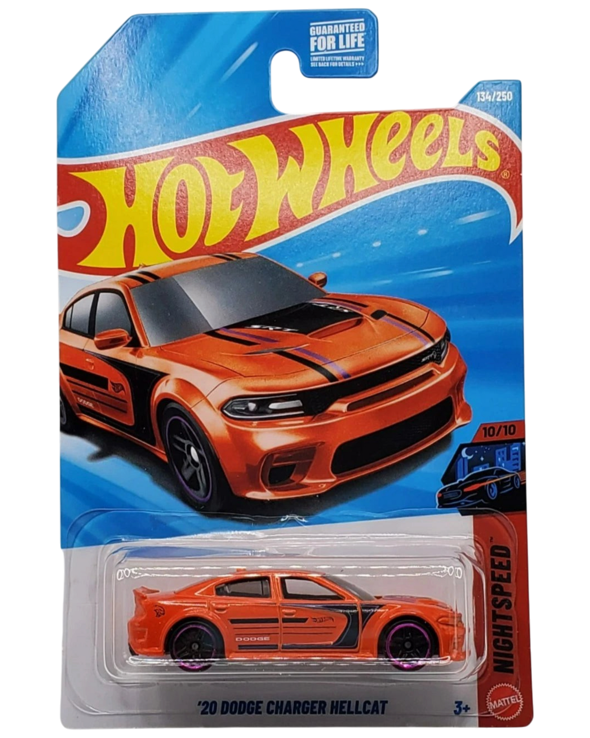 More Than Diecast Hot Wheels 2020 Dodge Charger Hellcat in orange with black racing stripes in original packaging