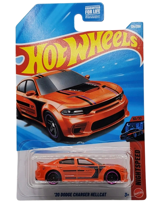 More Than Diecast Hot Wheels 2020 Dodge Charger Hellcat in orange with black racing stripes in original packaging