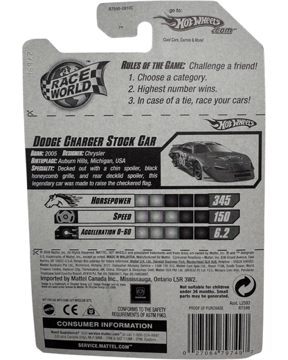 More Than Diecast Hot Wheels Dodge Charger Stock Car packaging back showing Race World stats and product details