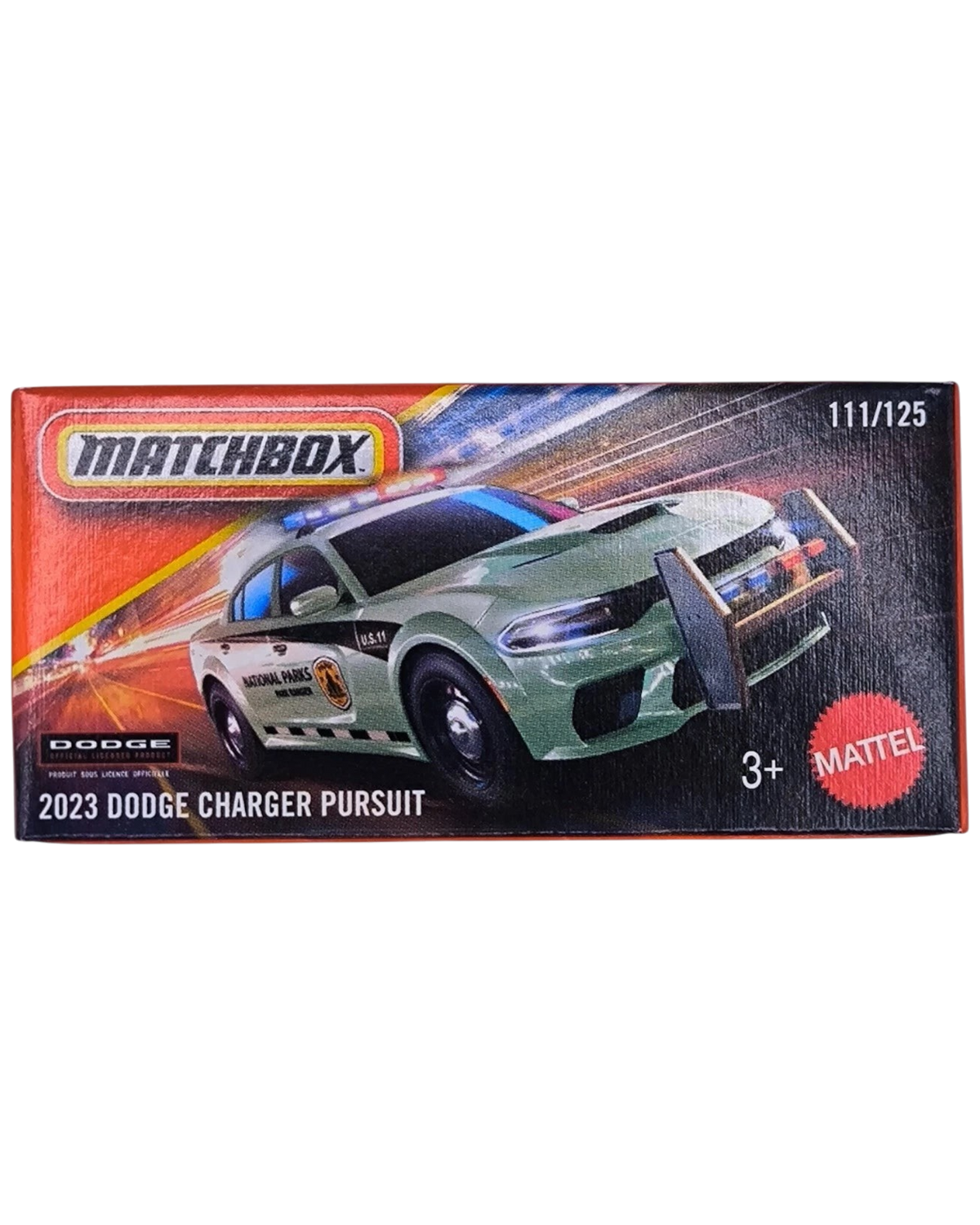 More Than Diecast Matchbox 2023 Dodge Charger Pursuit police car in green with National Parks livery in packaging.