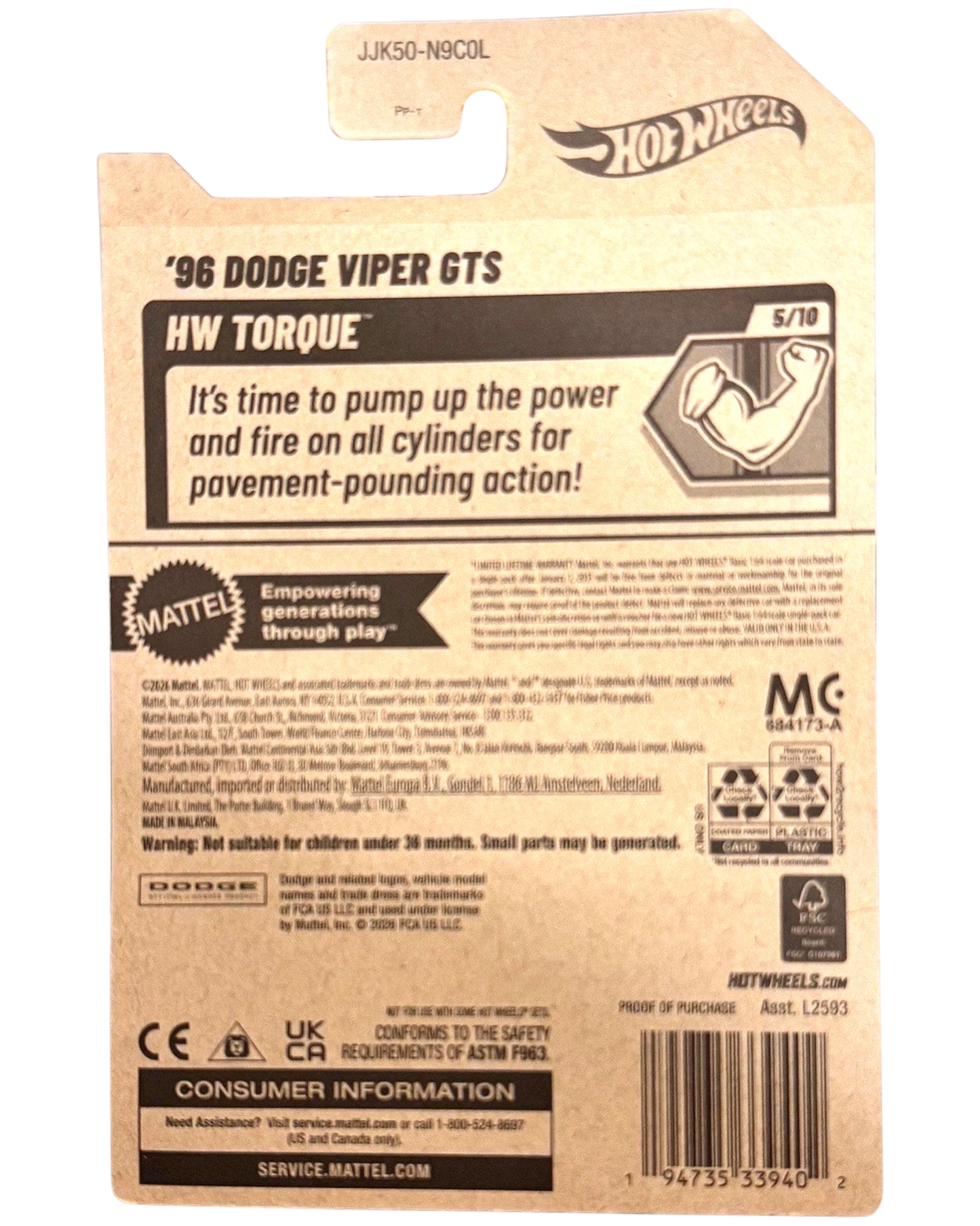 Back of More Than Diecast Hot Wheels 96 Dodge Viper GTS packaging showing HW Torque series details and branding