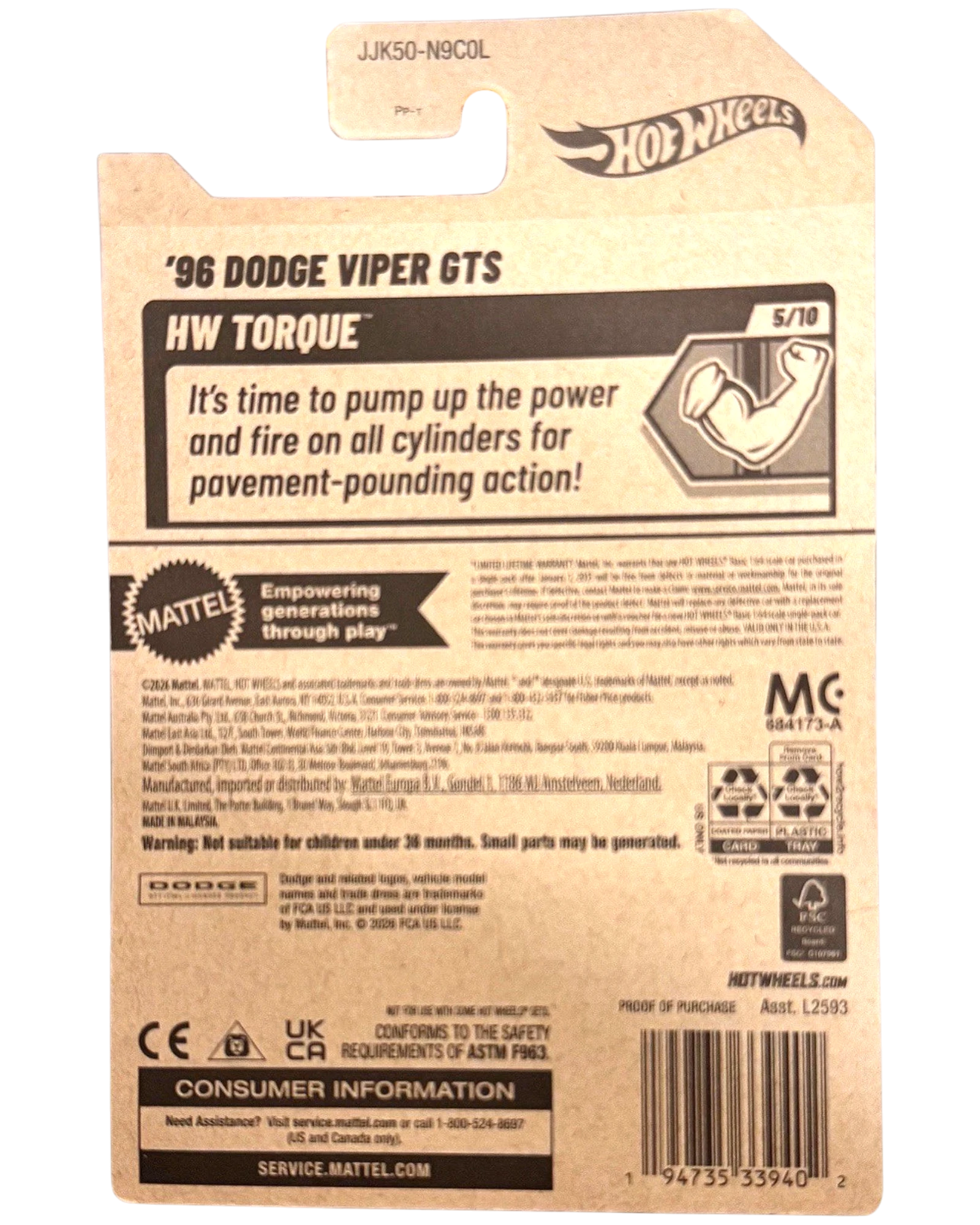 Back of More Than Diecast Hot Wheels 96 Dodge Viper GTS packaging showing HW Torque series details and branding