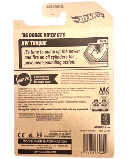 Back of More Than Diecast Hot Wheels 96 Dodge Viper GTS packaging showing HW Torque series details and branding